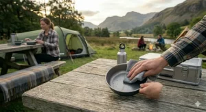 A camper cleaning a non-stick camping food bowl with a cloth at a wild camping spot.