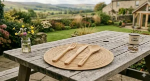 A sustainable, eco-friendly bamboo camping cutlery set on a rustic wooden picnic table, featuring a fork, knife, and spoon laser-etched with 'SUSTAINABLE CAMPING CO.' and resting on a woven bamboo placemat.