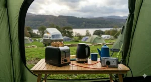 View from inside a green tent looking out at a low-amperage electric toaster and matching black kettle plugged into a mobile mains hookup block on an outdoor table.