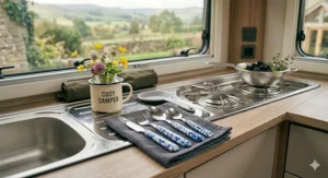 Traditional blue and white speckled enamel handle camping cutlery set, laid out on a charcoal-grey tea towel on a caravan kitchen countertop next to a 'COSY CAMPER' enamel mug.