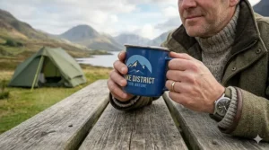 Alt text for image 7: Close-up of a man wearing a traditional tweed jacket and woolly jumper, holding a blue 'Lake District' retro enamel camping mug at a wooden picnic table with a green tent and mountains in the background.