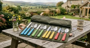 A 4-person family camping cutlery set with colourful blue, green, yellow, and red handles, stored neatly within a durable olive-green canvas roll-up pouch on a wooden picnic table.