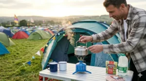 A blue camping stove boiling a travel kettle for a morning cup of tea at a festival.