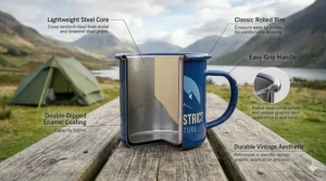 Alt text for image 6: A cross-section diagram of a blue retro enamel camping mug, with text labels showing the lightweight steel core, double-dipped enamel coating, classic rolled rim, and easy-grip handle.