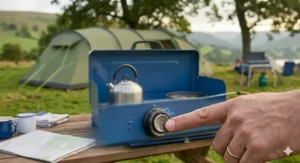 A slimline double-burner camping stove folded into its integrated carry case for easy transport in a car boot.