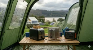 An electric slot toaster and a folding mesh gas stove toaster sitting side by side on a table inside a large family tent with rain visible on the window.
