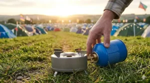 A standard pierceable gas canister being fitted to a small festival camping stove.