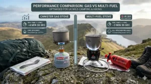 An infographic comparing the boiling times of gas vs multi-fuel camping stoves for one litre of water.