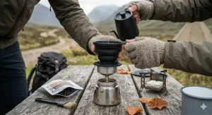 A large blue enamel camping coffee percolator bubbling over an open campfire, surrounded by camping chairs.