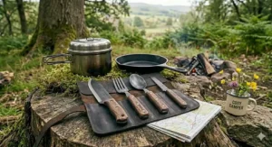 A rugged bushcraft and wild camping cutlery kit with riveted walnut handles, presented on a dark oiled leather roll-up pouch, next to a folding saw, a camping pot, and a cast-iron skillet over a small campfire.