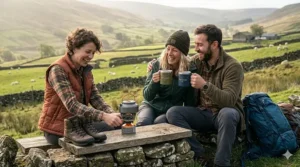 A hiker taking a break on a stone wall in the Lake District, pouring a hot drink from a thermos flask into a green insulated camping mug.