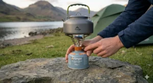 Close-up illustration of a beginner safely using a piezo ignition to light a camping stove.