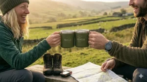 A line-up of different sized insulated camping mugs, from a small espresso size to a large pint-sized mug for a proper British brew.