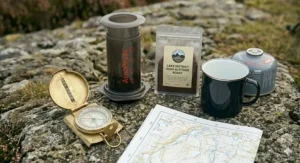 An insulated travel mug filled with fresh coffee, sitting on a picnic table at a campsite.