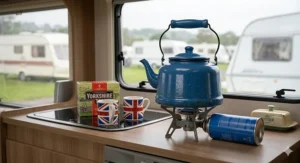 A 2-litre blue enamel value camping kettle sitting on a caravan kitchenette counter next to tea mugs.