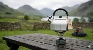 Small silver anodised aluminium camping kettle designed for lightweight backpacking and trekking in the UK.