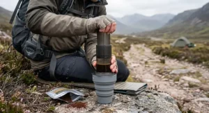 A hiker using a lightweight, shatterproof camping coffee maker to brew a fresh cup beside a small backpacking tent.