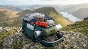 A comparison of the pack size and weight of a gas stove versus a multi-fuel stove inside a 65-litre rucksack.