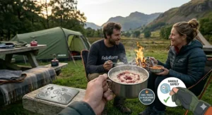 A camper enjoying hot porridge from a lightweight camping bowl next to a campfire in the UK.