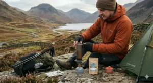 A collapsible, lightweight drip coffee filter placed over a mug, ideal for minimalist solo camping.