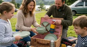 Pack of lightweight melamine camping dishes being packed into a picnic bag for a British staycation.