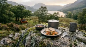 Ultra-lightweight titanium camping plates and bowls for long-distance British backpacking trails.
