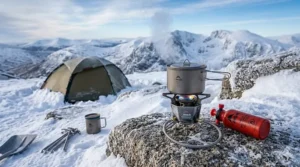 A multi-fuel camping stove running on white gas, demonstrating high performance during a British winter expedition.