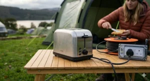 A close-up shot of a stainless steel two-slice electric toaster plugged into a portable campsite mains hookup unit on a wooden camping table.