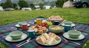 Pastel-coloured melamine picnic dinnerware set arranged on a tartan blanket for a family summer picnic.