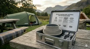 A stack of nesting camping bowls for hot food neatly packed for a family campervan trip.