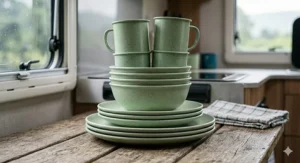 Compact nesting melamine camping tableware set stacked tightly together to show space-saving benefits for camping trips.
