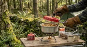 Alt text for image 4: A photorealistic close-up of a circular Omnia stove top camping oven with a red lid, set on a single-burner gas stove on a rustic wooden plank. A hand wearing a leather glove carefully lifts the lid to check a baking cake inside. The detailed British woodland background with dry stone walls is softly blurred.