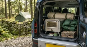Alt text for image 9: A photorealistic 4K photograph capturing the open car boot of a blue Land Rover Defender, parked at the edge of a British woodland and dry stone wall landscape. The specific stainless steel camping oven is packed inside the boot, surrounded by a rolled canvas tent, green jackets, and other gear. A small wisp of steam is rising from the oven base, and a small, worn enamel mug sits nearby. Soft, natural British daylight illuminates the packed scene. The distant green bell tent is softly visible in the background.