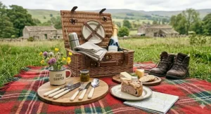 Elegant camping cutlery set with cream-coloured handles for a traditional British picnic service, laid out on a round wooden board next to an open wicker hamper on a tartan wool blanket, with Pork Pie and local cheese.