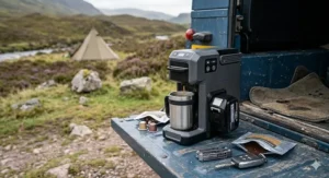 A modern, cordless battery-powered camping coffee machine sitting on the tailgate of a car during a wild camping trip.