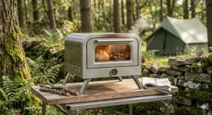 Alt text for image 2: A high-definition close-up of a portable stainless steel camping oven sitting on a weathered wooden table in a British forest glade. The oven door is slightly ajar, showing a golden loaf of bread inside, with a puff of steam escaping, all bathed in soft, natural sunlight.