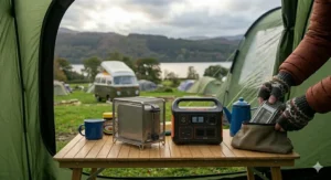 A camper packing a lightweight folding toaster next to a digital portable power station and a jar of Marmite on a table in a tent porch.