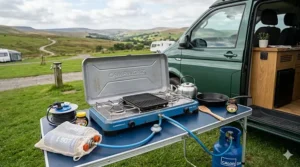 Alt text for image 2: A compact single-burner portable gas hob with a click-in butane canister, ideal for small van conversions and solo travellers.