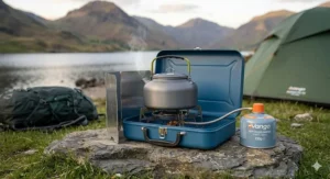 A compact blue suitcase-style single hob stove, ideal for first-time campers and festival goers.