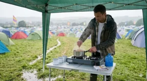 A person using a reliable camping stove under a gazebo during a rainy UK summer festival.