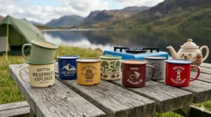 Alt text for image 3: A selection of retro enamel camping mugs in various colours including green, blue, mustard yellow, maroon, grey, and red, each featuring outdoor-themed British graphics and arranged on a rustic wooden table.