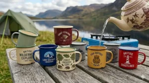Alt text for image 4: Hot water being poured from a decorative teapot into a collection of colourful retro enamel camping mugs featuring designs like 'British Wilderness Explorer' and 'Lake District Adventure'.