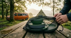 A stack of plastic camping plates and bowls packed neatly into a mesh drawstring storage bag.