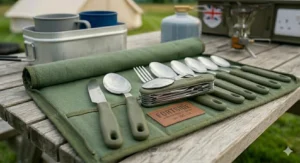 Three-piece stainless steel budget camping cutlery set held together by a metal carabiner clip for easy attachment to a rucksack.