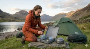 A beginner camper packing a lightweight stove back into its hard-shell carry case after use.