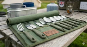 Reusable dark wood budget camping cutlery set with a wooden spoon, fork, knife, and bamboo straw in a linen travel roll.