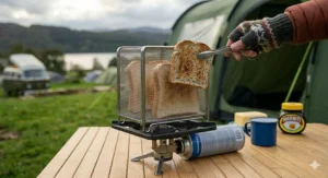 A camper wearing fingerless winter gloves using metal tongs to turn a slice of seeded bread on a mesh stovetop toaster accessory.