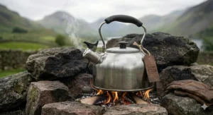 A classic whistling camping kettle in stainless steel, perfect for hearing when the water is boiled over a campfire.
