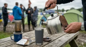 A person pouring boiling water from a value camping kettle into a thermal travel mug for a morning brew.
