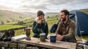 A backpacker sitting outside a tent in the Scottish Highlands, holding a durable insulated camping mug while looking out over a misty loch.